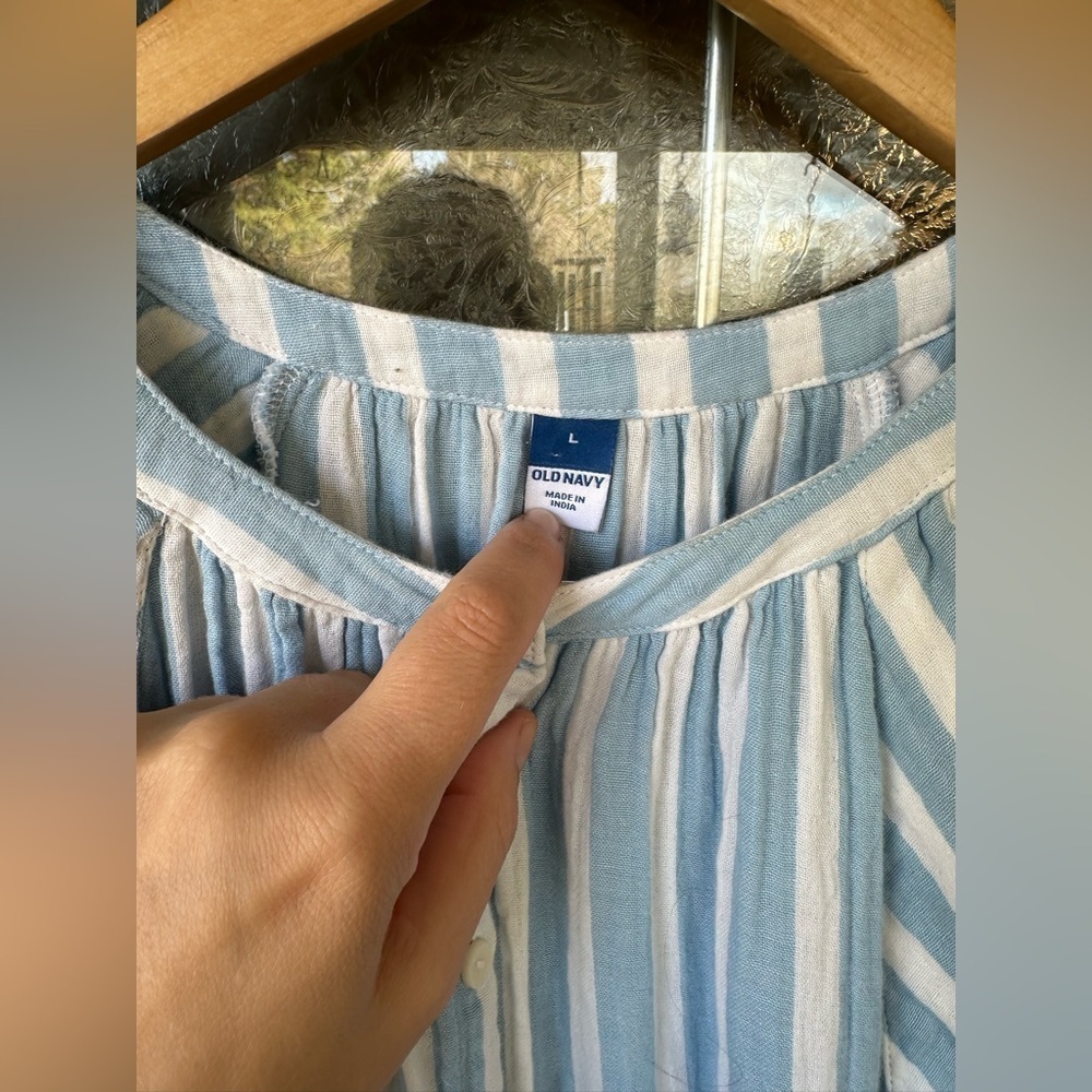 Old Navy Women’s Large 100% Cotton Blue White Stripe Balloon Drawstring Dress - Picture 2 of 8